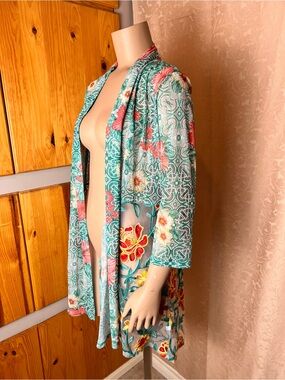 RUBY RD. Turquoise Embroidered Floral Sheer Mesh Flowy Kimono Cardigan - Sz S